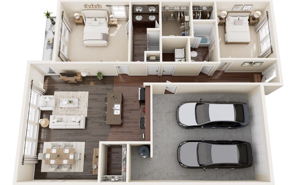 D-2 - 2 bedroom floorplan layout with 2 bathrooms and 1315 square feet (3D)