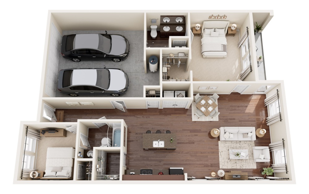C-2 - 2 bedroom floorplan layout with 2 bathrooms and 1164 square feet (3D)